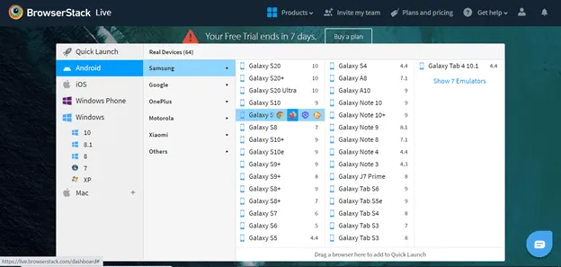 BrowserStack interface