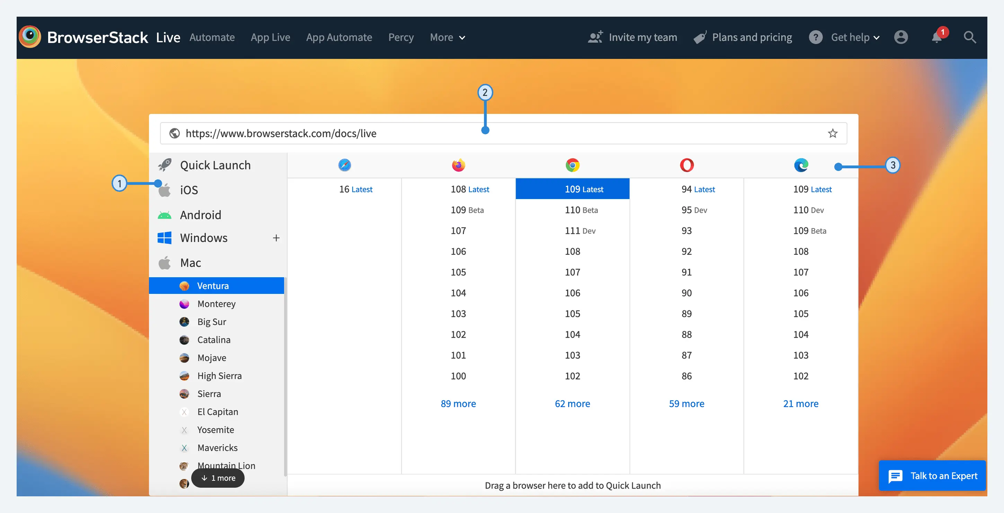 BrowserStack App Live interface